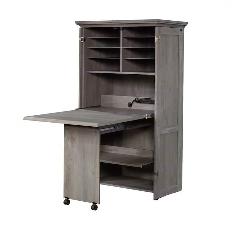 Space-Saving Craft Armoire with Drop Leaf Desk and Adjustable Storage Shelves Power Strip