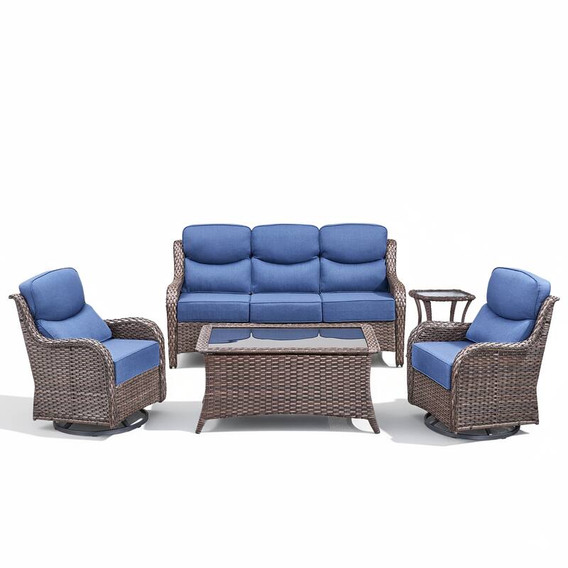 Meyreso 7-Piece Wicker Patio Conversation Set with Swivel Gliders and 6-Inch Thick Cushions