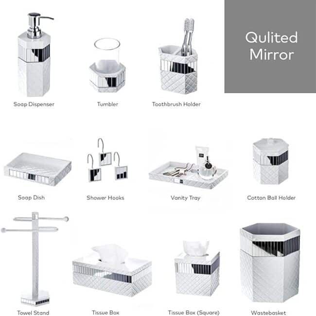 Creative Scents Quilted Mirror Q-Tip Holder Canister - White - White