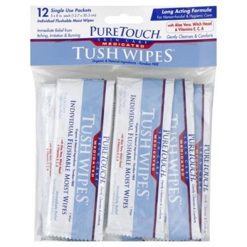 Puretouch Skin Care Medicated Individual Flushable Moist Tush Wipes 12 Wipes