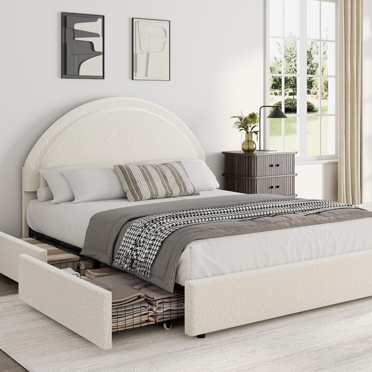 Twin Boucle Bed Frame with Storage Drawers, White Upholstered Platform Bed with Round Headboard, Noise-Free