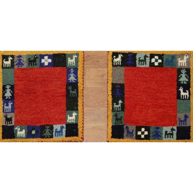 Hand Knotted Oriental 100% Wool Carpet Tribal Animal Pictorial Red Gabbeh Area Rug - 1' 4'' X 1' 4''