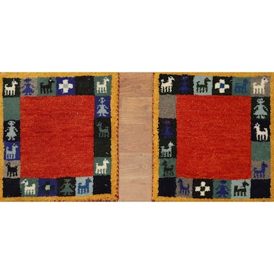 Hand Knotted Oriental 100% Wool Carpet Tribal Animal Pictorial Red Gabbeh Area Rug - 1' 4'' X 1' 4''
