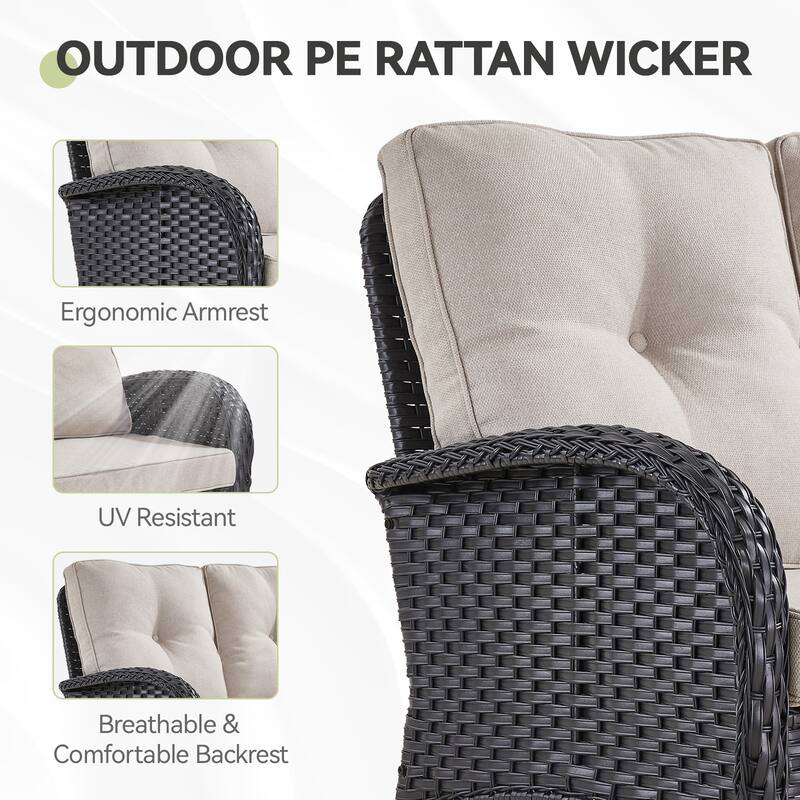 Outdoor Glider Sofa Rocker Chairs Ottomans Set Black-Beige - Black