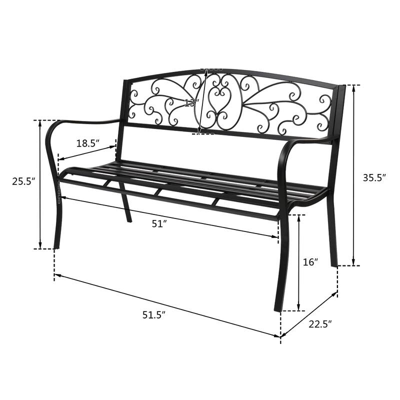 51" Patio Park Garden Outdoor Bench Patio Porch Chair Deck Iron Frame Black