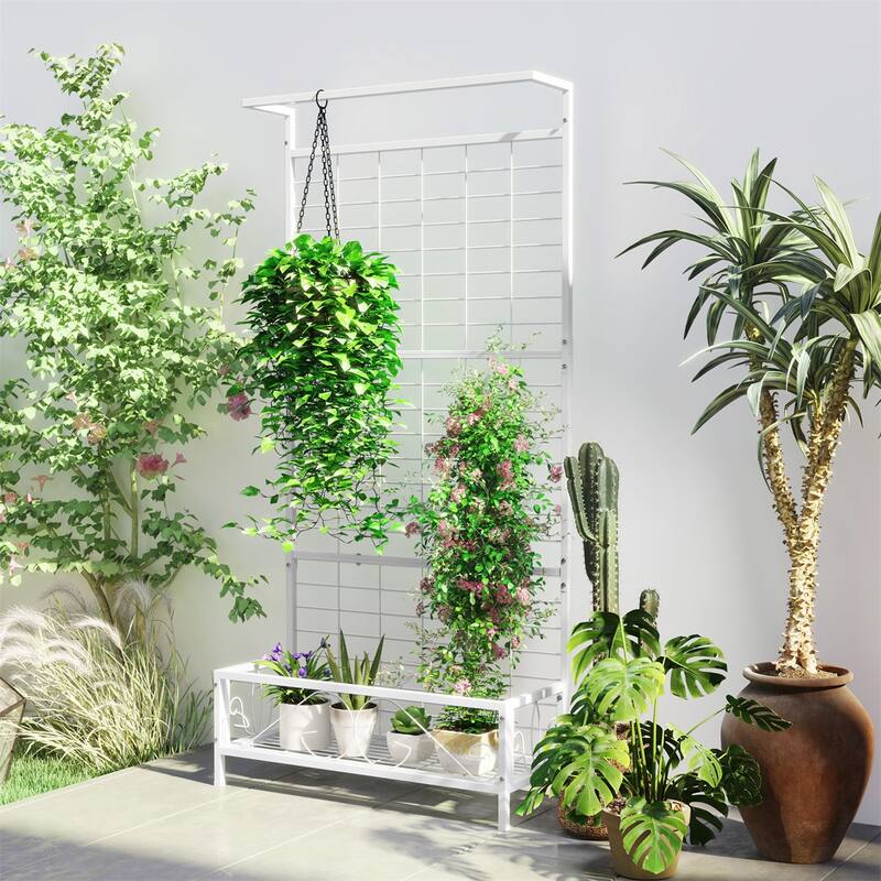 74-Inch Tall Steel Flower Stand with Trellis and Hanging Basket Roof for Garden Patio Plants - 36.2" W x 12.8" D x 74.2" H