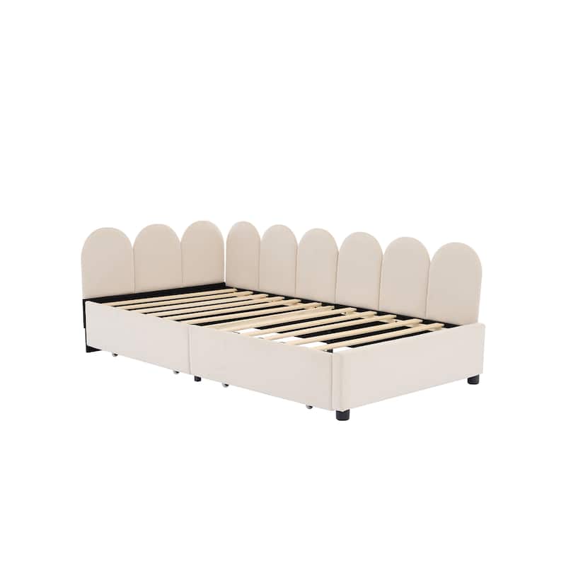 Beige Twin Size Velvet Daybed with Drawers and Soft Headboard