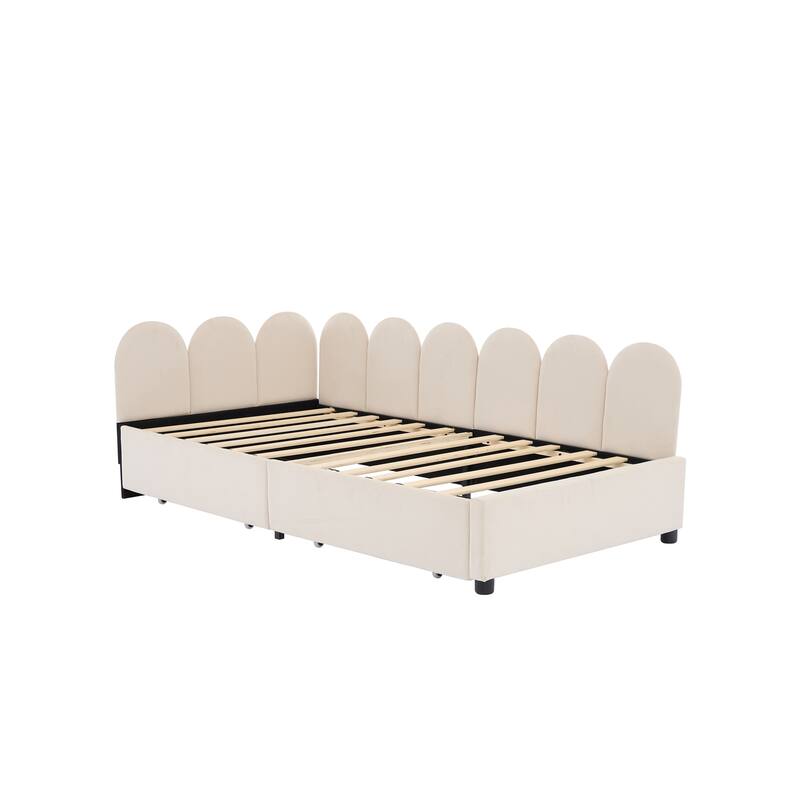 Velvet Upholstered Daybed with Two Drawers and Soft Headboard