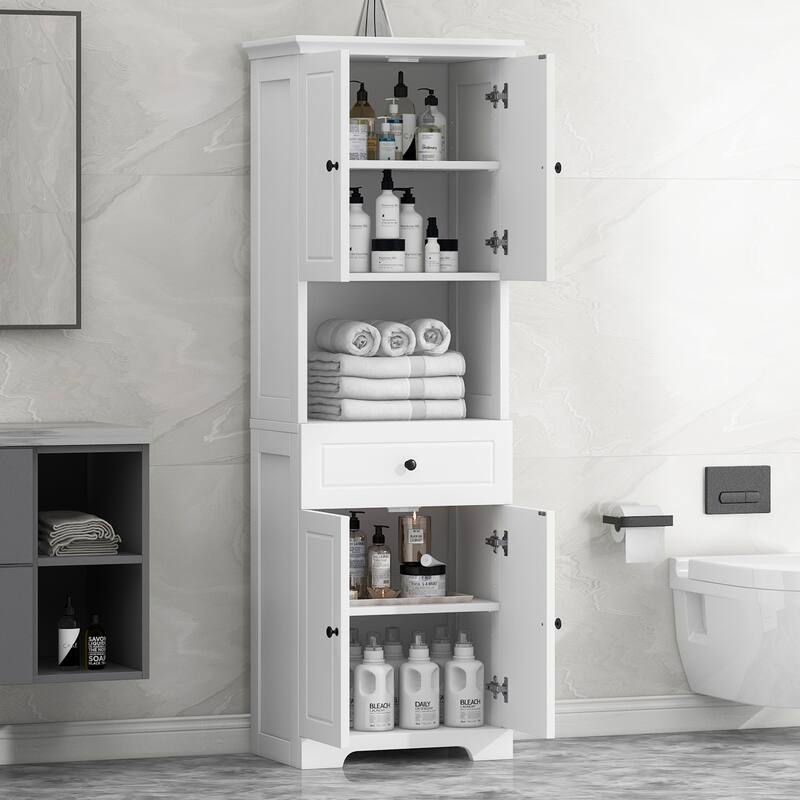 Roomfitters Tall Bathroom Cabinet with Four Doors, Upper Cabinet and Large Open Storage Shelves, White