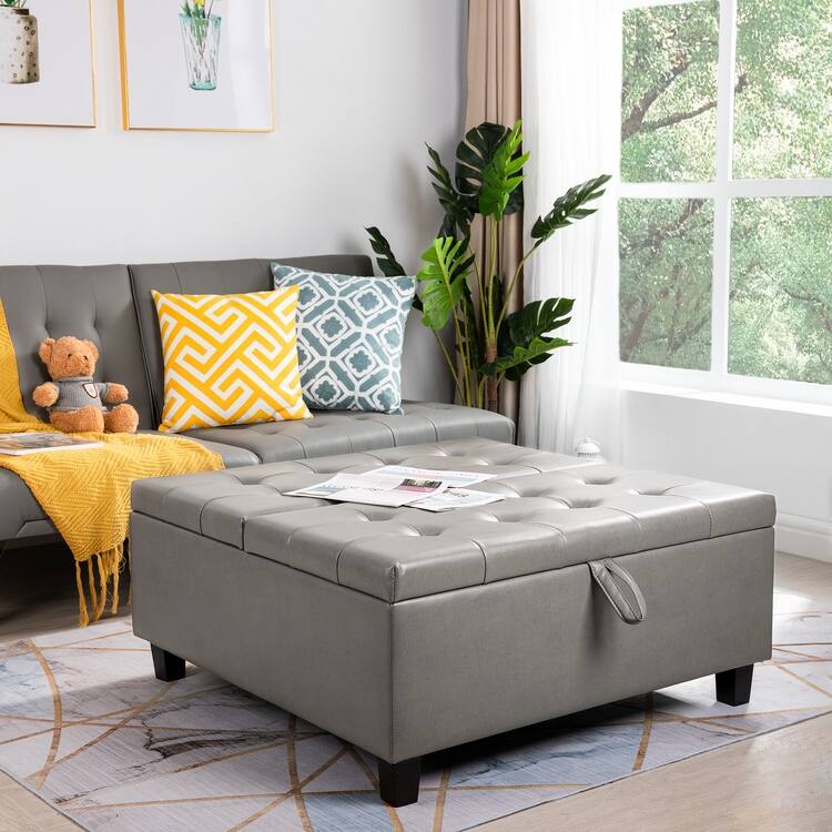35-Inch Air Leather Tufted Upholstered Lift-Top Ottoman Bench, Large Square Storage Coffee Table for Living Room