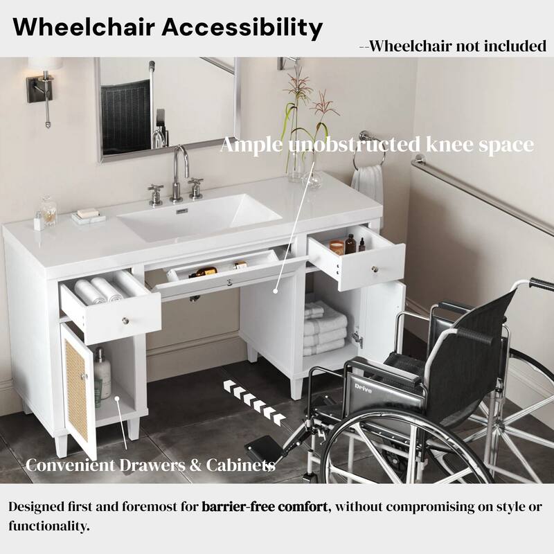 60 Inch ADA Bathroom Vanity with SMC Sink, Soft Close Drawers & Tip-Out Tray