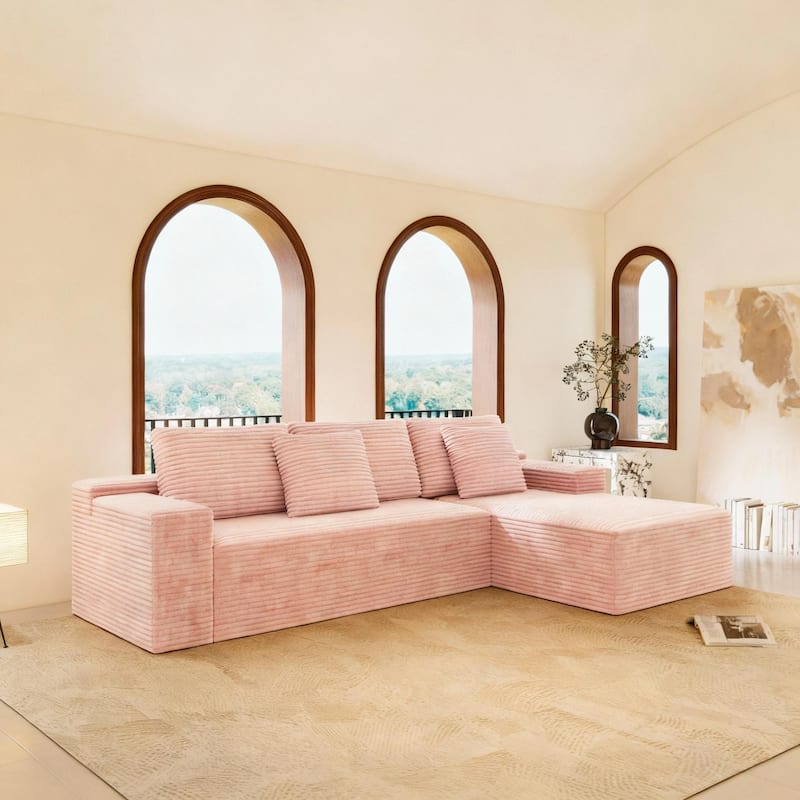 L-Shape Modular Sectional Sofa with Chaise Lounge, Oversized Corduroy Upholstered Cloud Couch, Compressed Deep Seat Corner Sofa - Pink