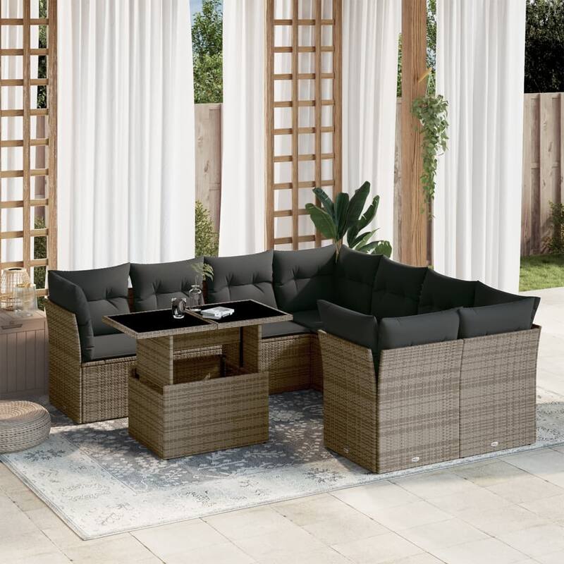 vidaXL Patio Sofa Set with Cushions Outdoor Furniture 9 Piece Poly Rattan - 21.7 x 39.4 x 28.7 in - Gray