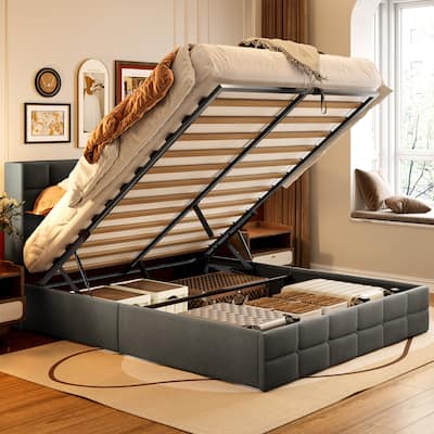 Full/Queen Lift Up Storage Bed with Storage, Upholstered Platform Bed Frame with Modern Wingback Headboard