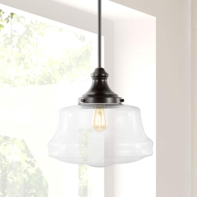 Olivier 14" 1-Light Bohemian Farmhouse Iron/Glass LED Pendant, Oil Rubbed Bronze/Clear by JONATHAN Y