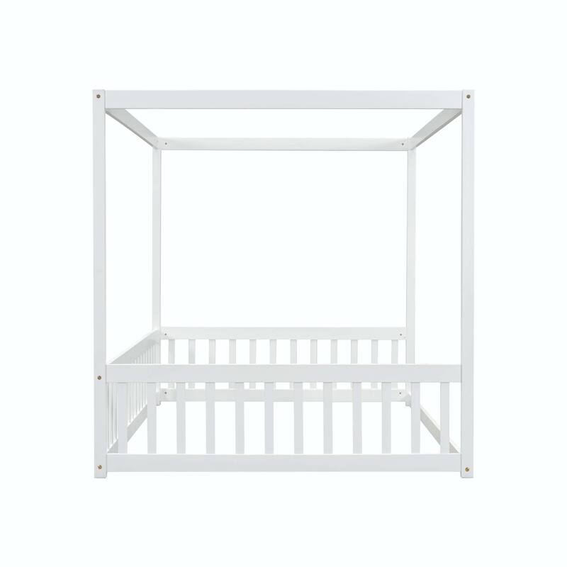 Canopy Frame Floor Bed with Fence and Guardrails