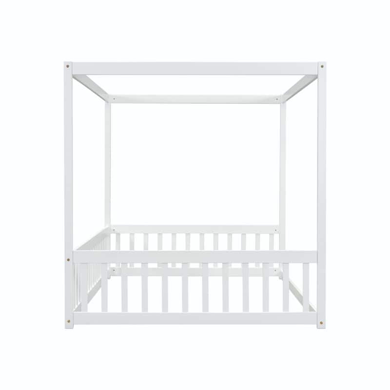 Full Size Canopy Frame Floor Bed with Fence