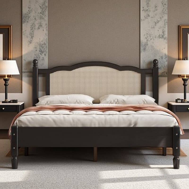 Queen Platform Bed with Woven Rattan Headboard, White Wood Finish, Slatted Support, Boho Style