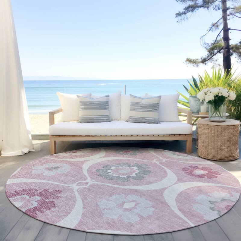 Machine Washable Indoor/ Outdoor Chantille Floral Geo Rug - Pink - 8' x 8'