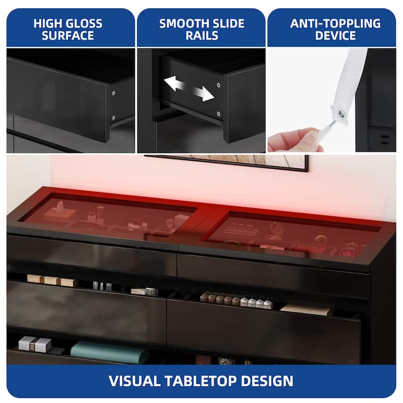 Moasis 4/8 Drawer Dresser Chest of Drawers Tempered Glass Top With LED Light