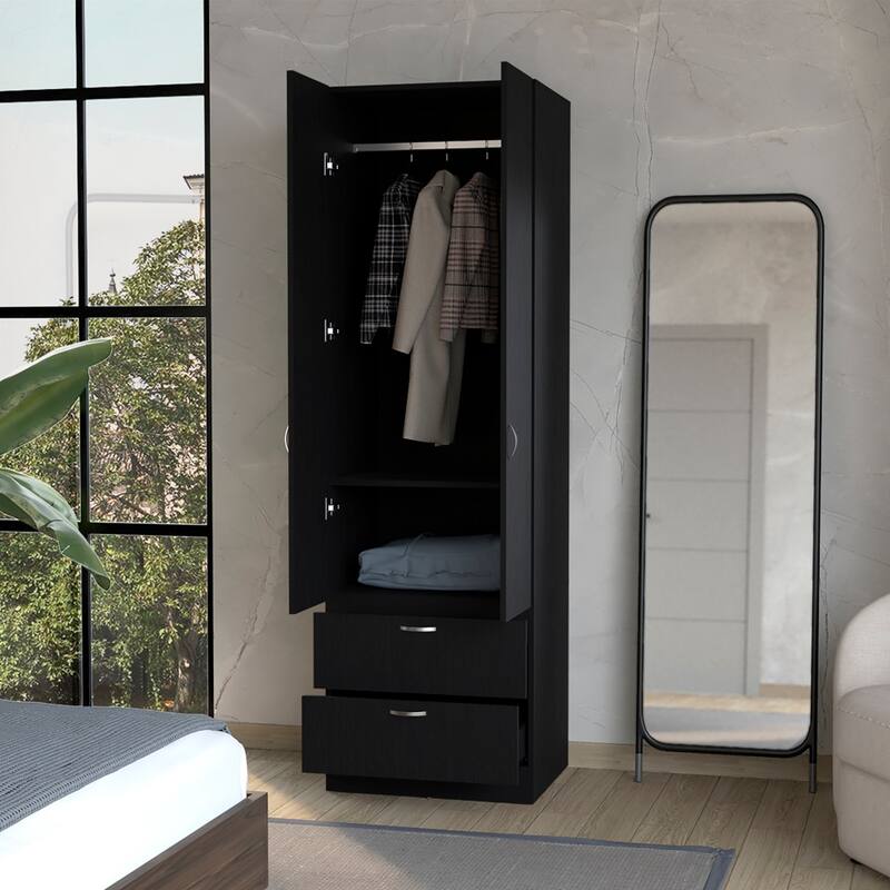 19.5" Modern Double-door Armoire with Hanging Rod, One Shelf and Two Exterior Drawers