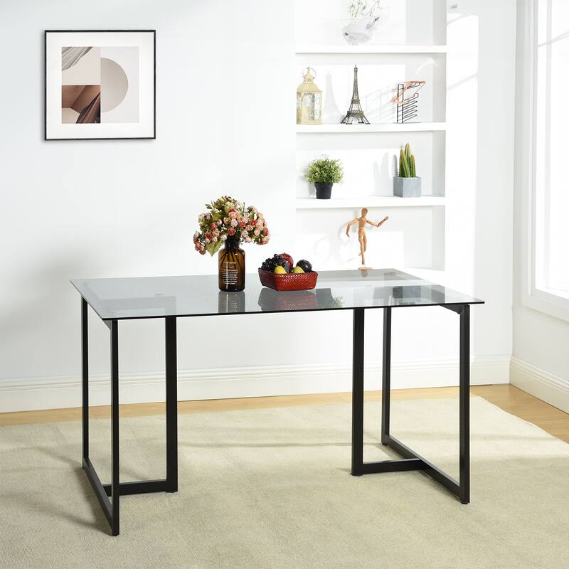 Homy Casa 55" Rectangular Glass Top Dining Table with Black Metal Frame for Modern Interiors