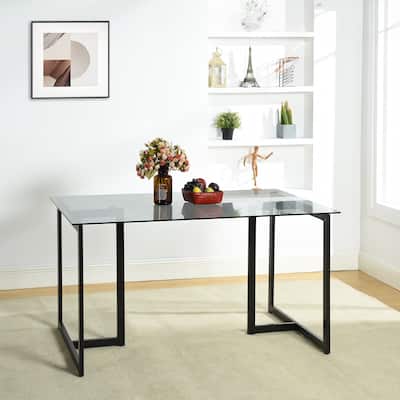 Homy Casa 55" Rectangular Glass Top Dining Table with Black Metal Frame for Modern Interiors