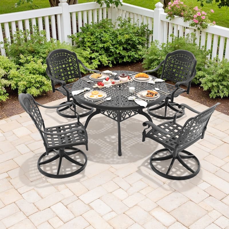 5-Piece Aluminum Round Outdoor Patio Dining Set, 4 Cushioned Swivel Chairs, Table, All-Weather Frames