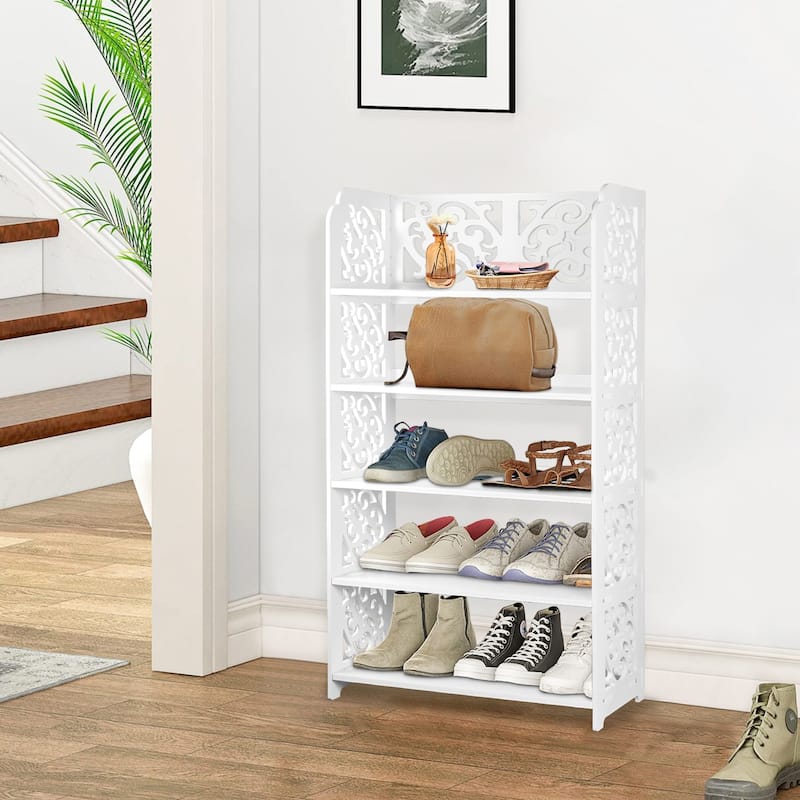 HELLO LAURA Versatile 5-Tier Wood-Plastic Shoe Rack Shoes Tower 15 of pairs of shoe White Finish