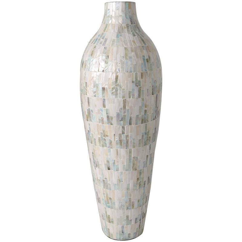 Mother of Pearl Shell Handmade Mosaic Inspired Decorative Vase with Pastel Blue and Pink Accents - White - Roche River Decor