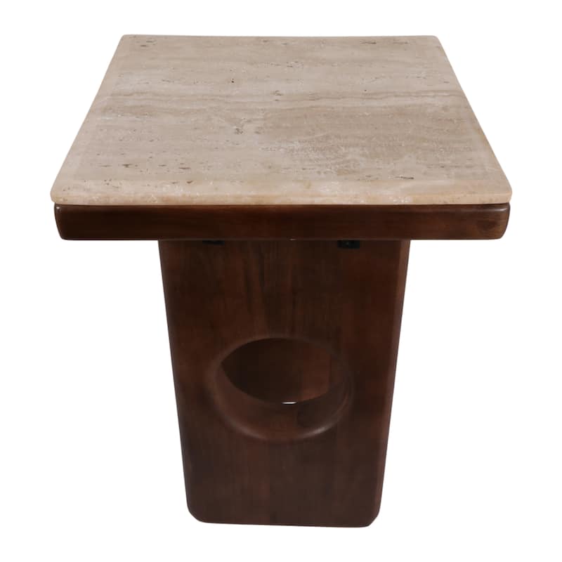 Square Stone Top Accent Side Table with Wood Base - 21", Tan & Brown - 21.0"