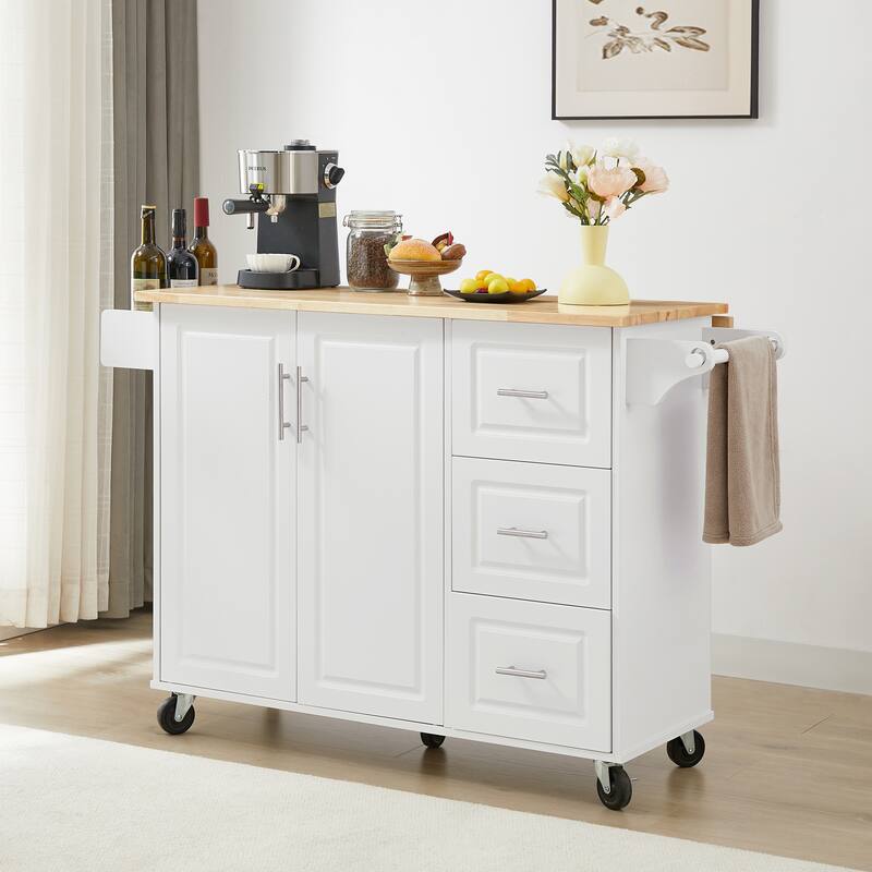 Anmytek White Rolling Kitchen Cart with Bamboo Top Drop Leaf Mobile Island Storage for Small Spaces
