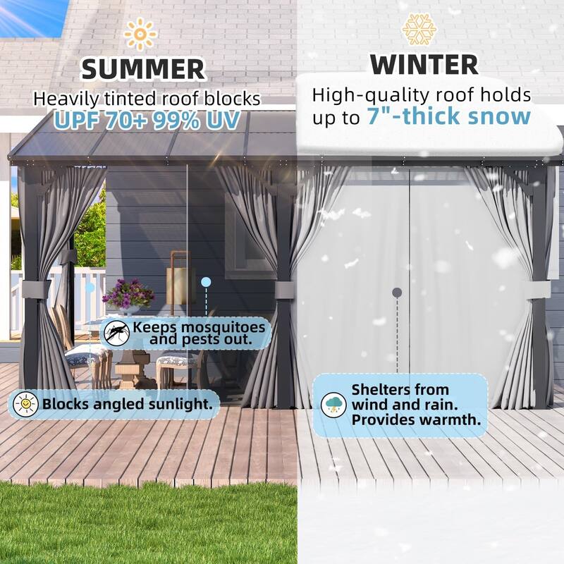 AECOJOY Gazebo for Patio, Small Wall-Mounted Lean to Pergola 8x8 Gazebo with Curtains and Netting, Hard Top Gazebo on Clearance