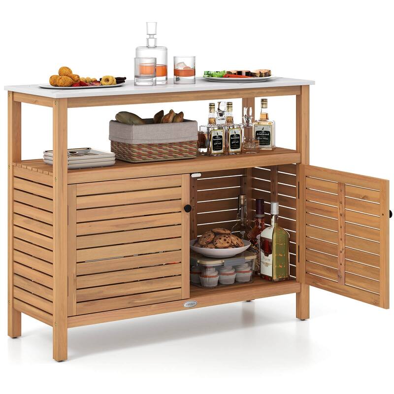 Costway Patio Wood Storage Cabinet with Marble-Like Countertop, Open - See Details