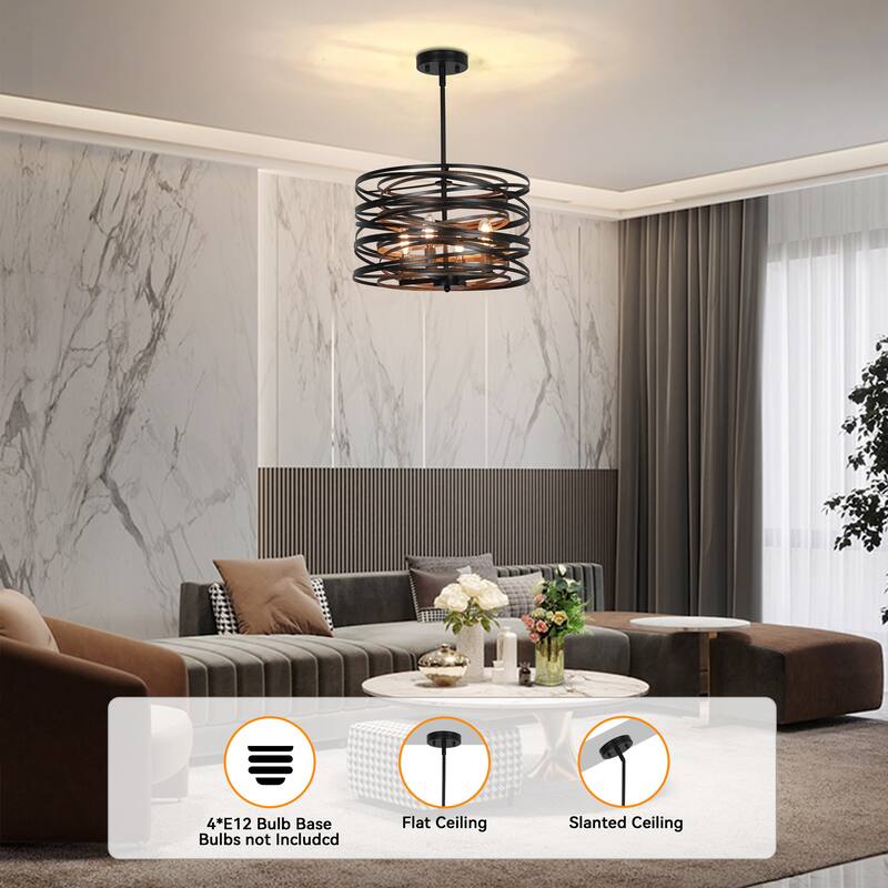4-Light Rustic Black Drum Chandelier Farmhouse Drum Light Fixture - 15.7in
