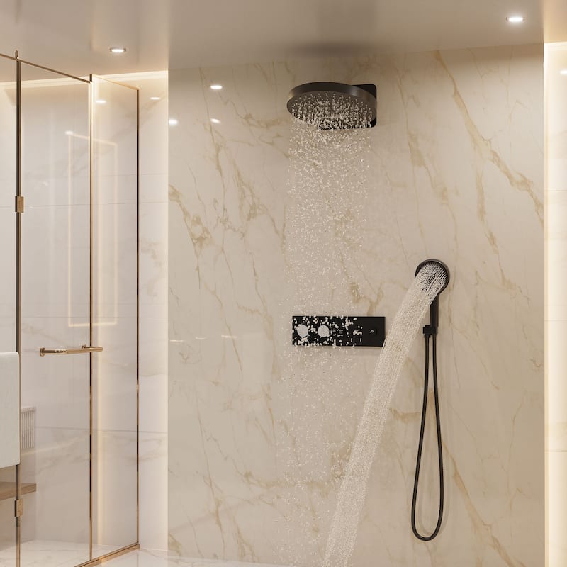 Luxury Thermostatic Shower System 5-Spray Patterns 16" Round Wall Mount Fixed and Handheld Shower Head - 15.7" x 15.7" - Matte Black