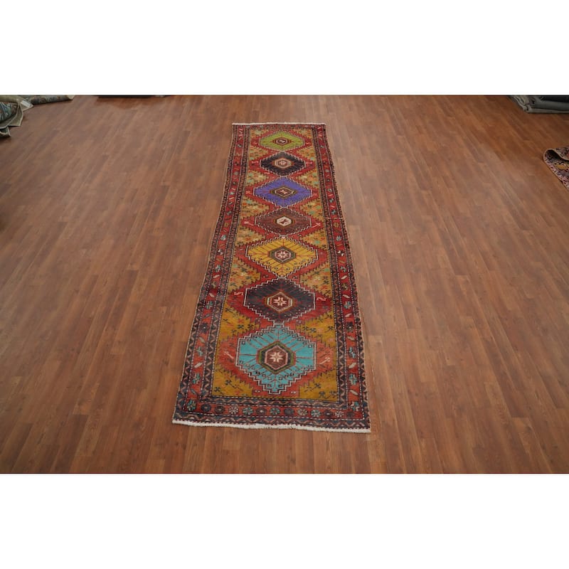 Hand Knotted Oriental 100% Wool Carpet Traditional Geometric Multi-Colored Heriz Runner Rug - 10' 6'' X 3' 2''