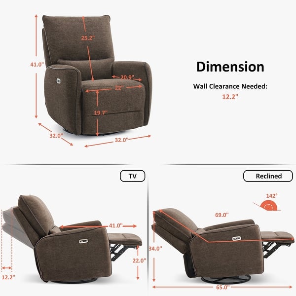 dimension image slide 0 of 3, MCombo Power Swivel Glider Recliner Chair with USB Charging Ports for Living Room and Nursery, Fabric 6922