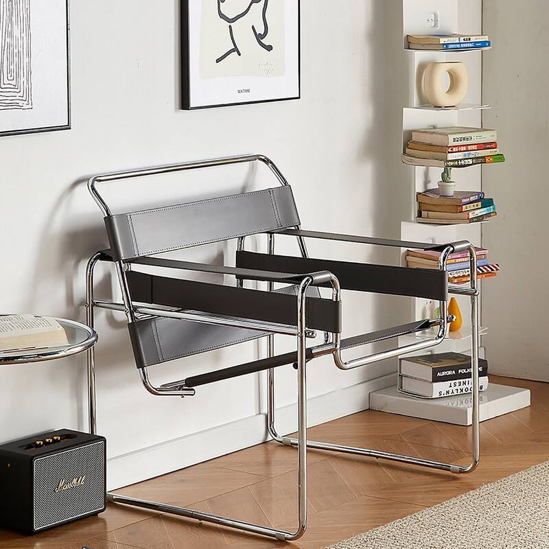 Momei Mid-Century Modern Saddle Leather Accent Chair with Stainless Steel Chair Leg