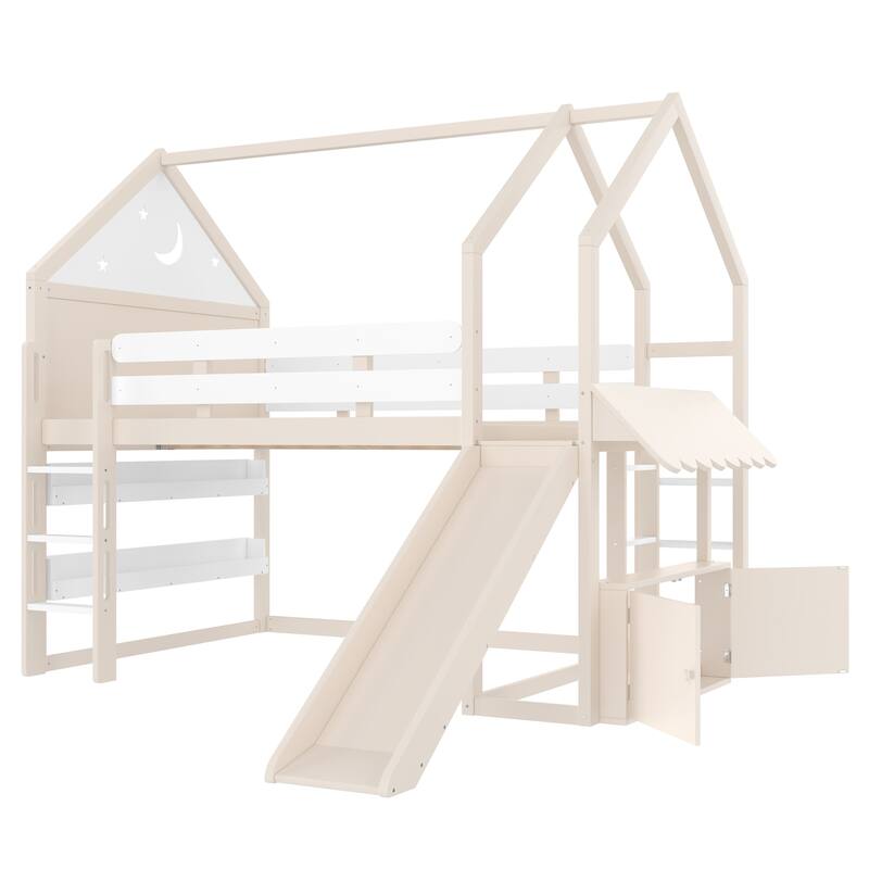 Roomfitters House Loft Bed with Slide and Bookshelf, Star Moon Roof Design
