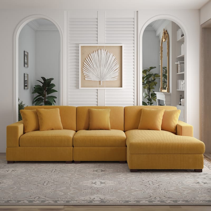 118" W Corduroy L-shape Modular Sectional Sofa with Pillows