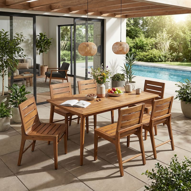 Christopher Knight Home - 7-Piece Acacia Wood Outdoor Dining Table Set with Slatted Dining Chairs - Natural