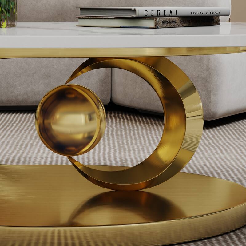 GDFStudio - Contemporary 49.2" Oval Sintered Stone Coffee Table with Sculptural Stainless Steel Base & Anti-tip Adjustable Feet