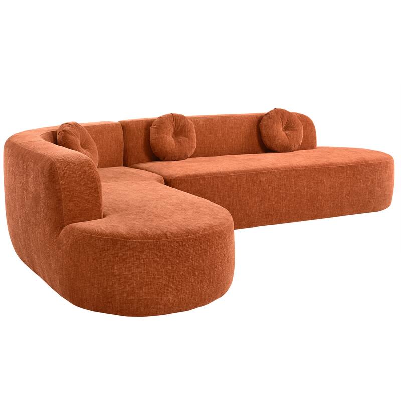 Curved Floor Sectional Chaise Sofa L-shape Corner Recliner Couches with 3 Round Pillows, Large Lounger Couches for Living Room