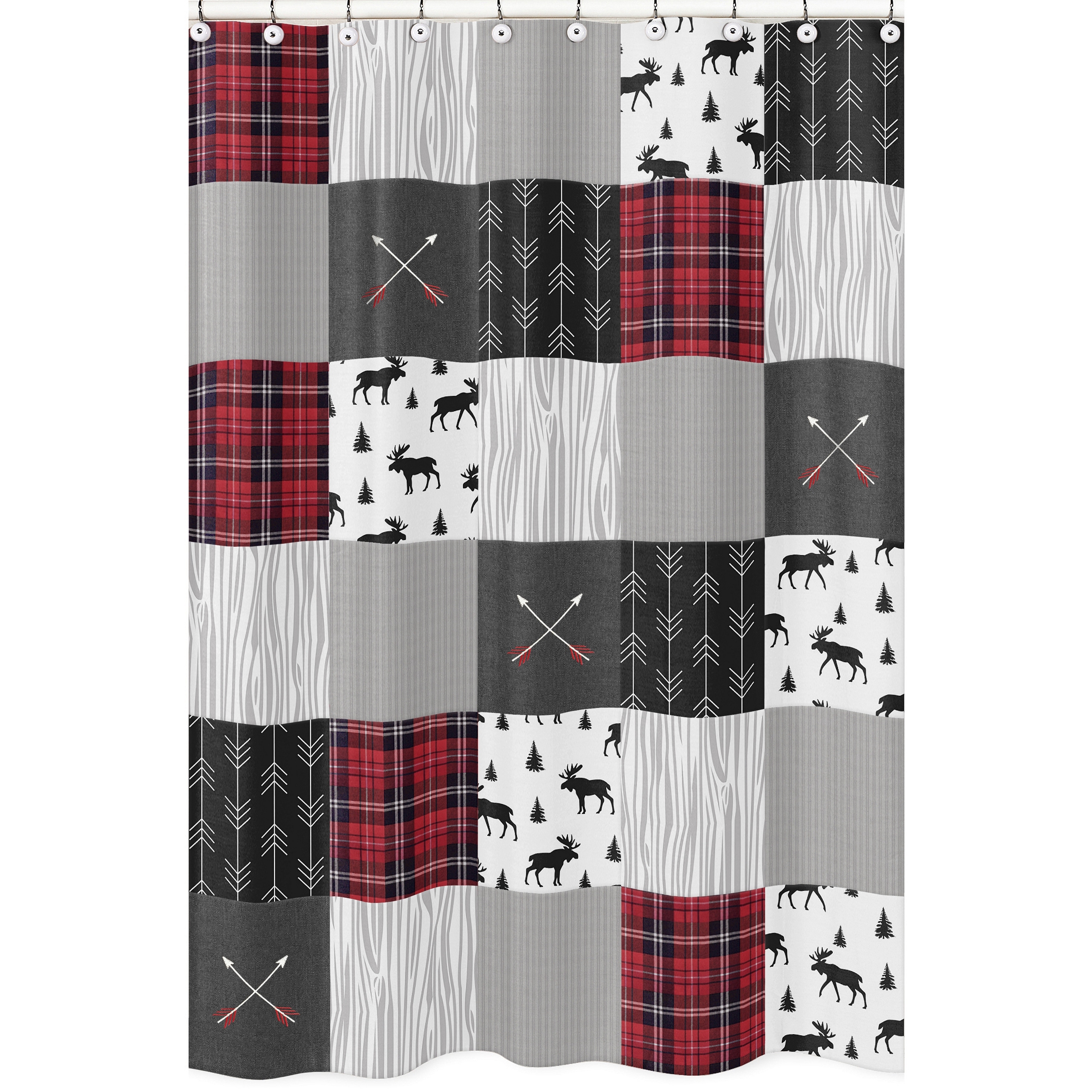 Sweet Jojo Designs Grey Black Red Woodland Plaid and Arrow Rustic Patch Collection Bathroom Fabric Bath Shower Curtain Bed Bath Beyond 21218619
