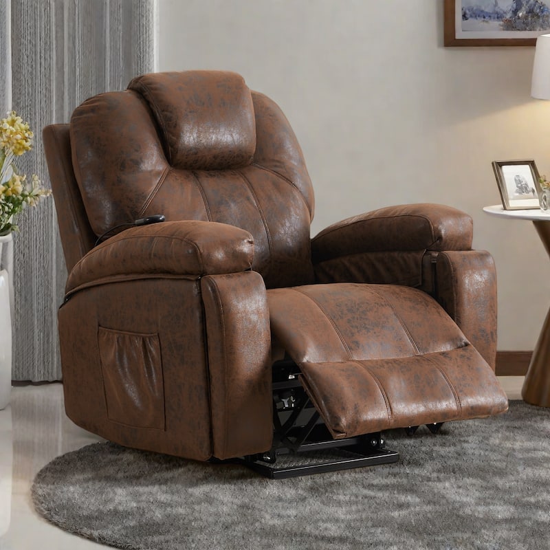Oversized Power Lift Recliner Chair with Silent Electric Motor and Massage Function, Tool-Free Assembly - Brown