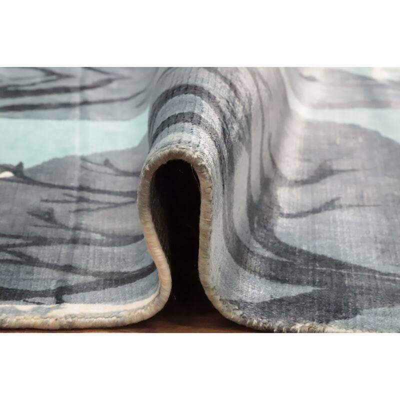 Hand Knotted Oriental Viscose Silk Carpet Modern Pictorial Navy Blue & Blues Abstract Area Rug - 7' 10'' X 5' 9''
