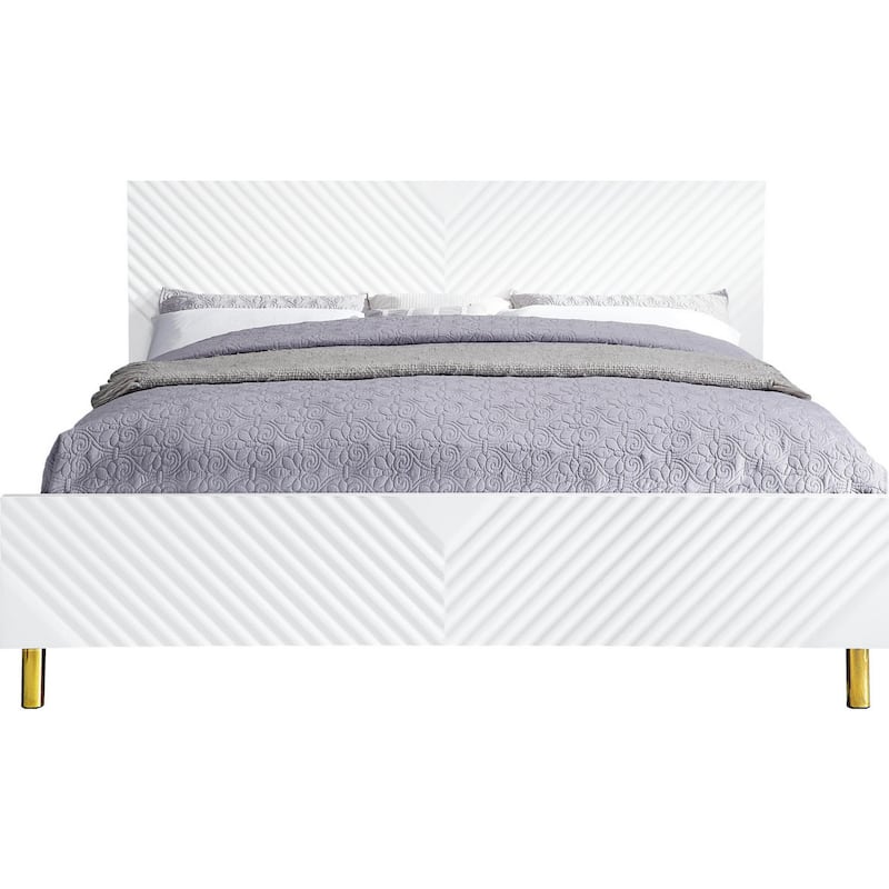 Tyra Modern Wood King Bed, Panel Headboard, Textured Chevron, White, Gold