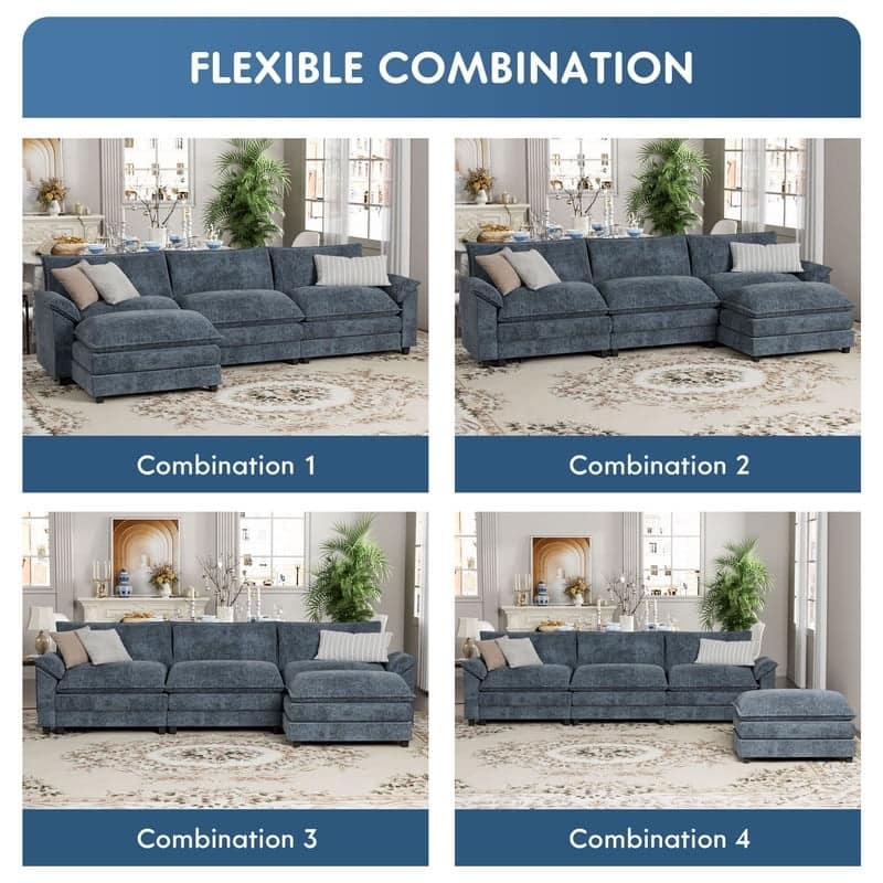 Furniwell 3-Seat Sectional Sofa with Ottoman Sectional Couch with Reversible Toffee Chair Convertible Sofa