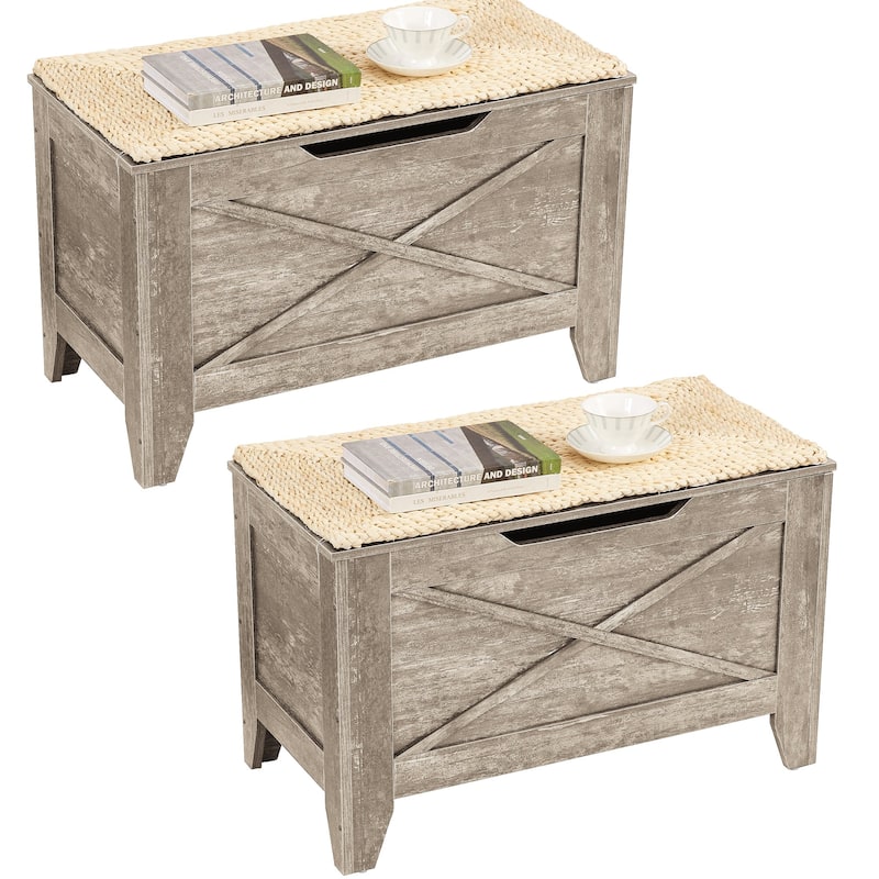 VECELO Storage Bench, Wooden Chest for Storage with Wicker Mat Safety Hinges Entryway Shoe Bench Storage Trunk(Set of 2)